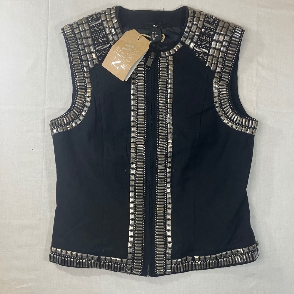 HM The New Icons Black Studded Embellished Zip Front Vest Womens Size 8 New